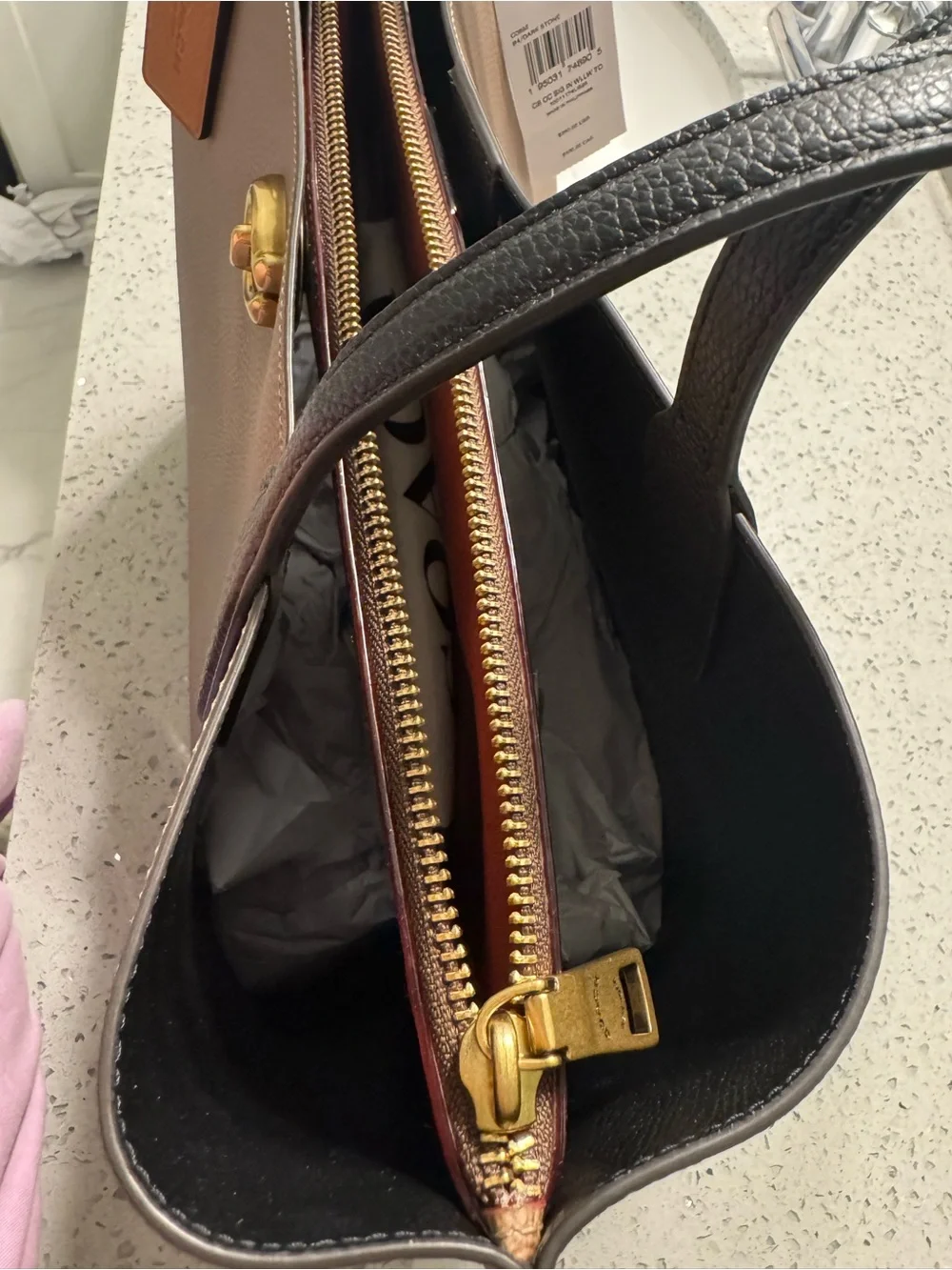Coach Two-Tone Pebbled Leather Tote Bag in Taupe and Black - Picture 4 of 8